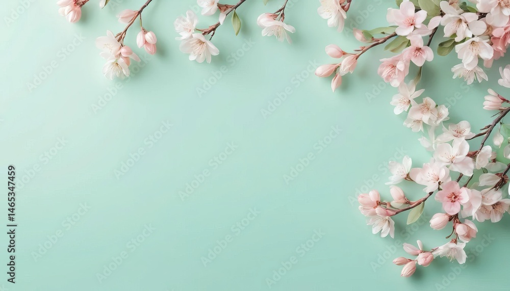 Poster modern spring-themed background with soft gradients and blooming branches in corners using abstract 