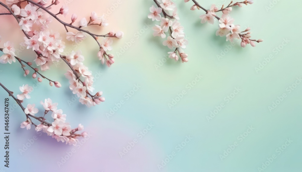 Poster modern spring-themed background with soft gradients and blooming branches in corners using abstract 
