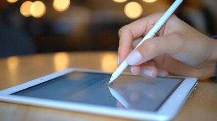 Woman using stylus on tablet for creative tasks, showcasing digital art and technology interaction.