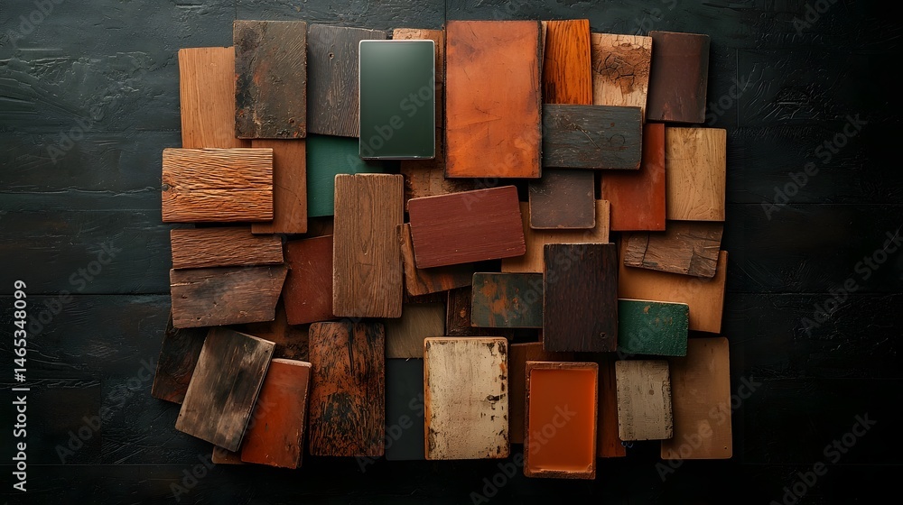 Poster a collection of salvaged wooden offcuts in varying sizes shapes and tones arranged in a visually str