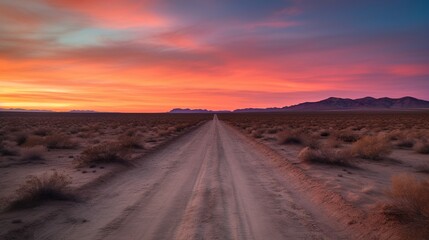 Desert road at sunset