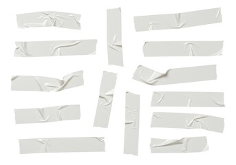 Scattered pieces of white masking tape strips on a white background in a studio shot view