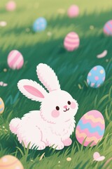 Fototapeta premium there is a white bunny sitting in the grass with easter eggs