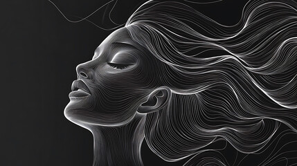 Abstract artwork showcasing a serene female face crafted with flowing white lines on a black backdrop.