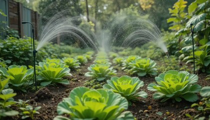 Vibrant Green Cabbage Garden Under Sprinkler Irrigation