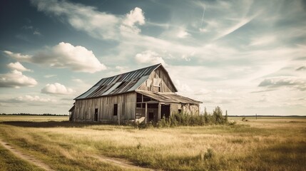 Desolate wooden barn in a golden field under a dramatic sky