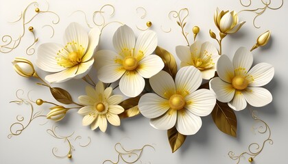 Obraz premium A close up view of a white flower with orange petals, Close-up digital painting of stylized creamy flowers with vivid yellow-orange cores, flowing botanical design, clean background, ultra-detailed 8K