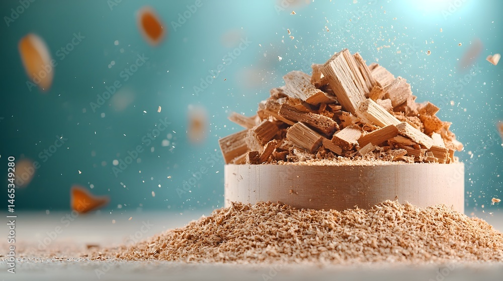 Poster a close up photograph of a pile of wooden fragments and sawdust captured under a holographic monitor
