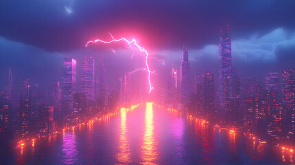 Fototapeta premium Pink and Purple Neon Cityscape with Lightning Storm at Night