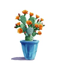 Vibrant cactus plant in blue pot with bright yellow flowers on a sunny day