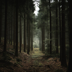 Fototapeta premium Atmospheric forest landscape with soft light and mist, nature background, calm and mystery