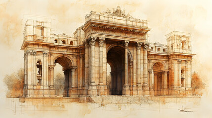 Fototapeta premium Architectural watercolor illustration of a grand gateway. Ancient stone structure with multiple arches, columns, and decorative elements