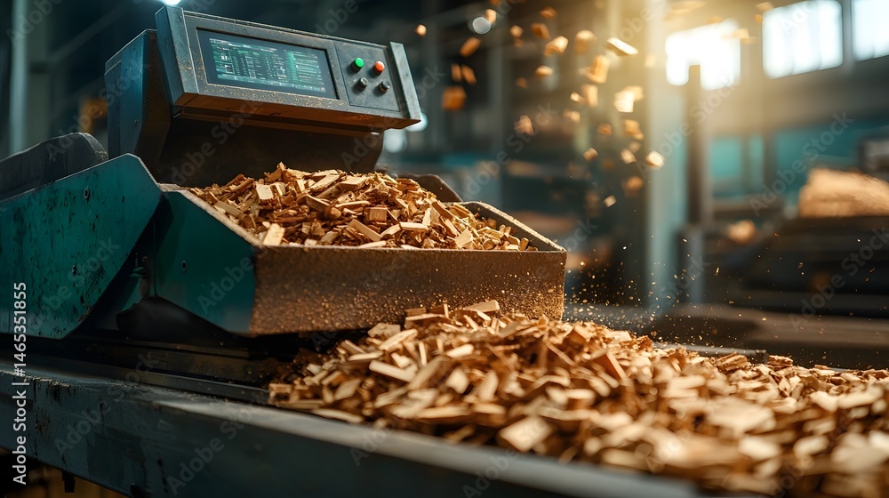 Poster an industrial recycling processing and sorting wood scraps with a digital holographic control panel 
