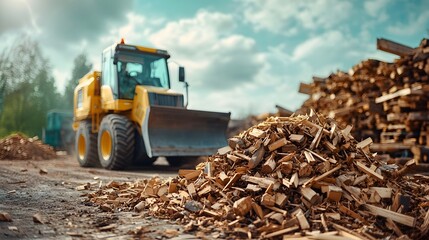 An industrial excavator or loader is shown working at a construction site processing and moving piles of cut and stacked lumber or timber