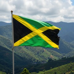 Waving Jamaican Flag Symbolizing Island Vibrancy Against the Lush Green Slopes of the Blue Mountains