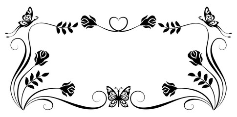 Floral frame ornament with rose flowers, leaves and butterfly. Decorative element for decor and text greeting or invitation card design.