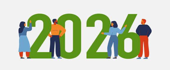 Horizontal banner with business people near 2026 green numbers. Men and women celebrate new year holidays and christmas. Vector illustration