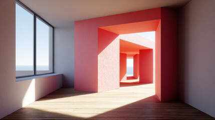 Fototapeta premium Modern interior space featuring minimalist design with light coral walls and large windows allowing natural light to illuminate wooden floor. geometric shapes create sense of depth and tranquility