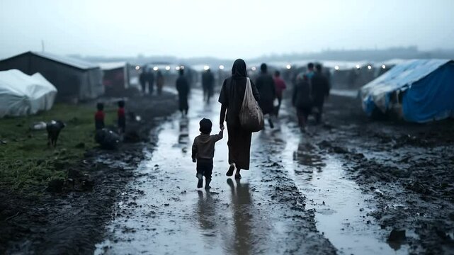 Rear view of a mother and child navigating the muddy roads of a refugee settlement, surrounded by groups of people, evoking the challenges faced by displaced families