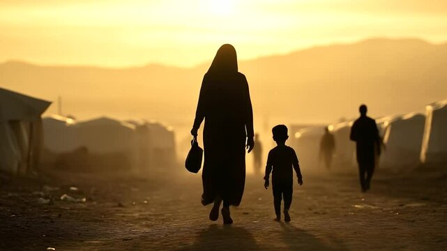 Rear view of a woman and child walking through a refugee camp, their silhouettes outlined against the dusty horizon, symbolizing the harsh realities of displacement and migration