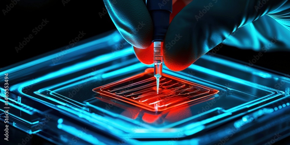 Aufkleber repair and technical improvements. a hand holding a pen-like tool over a glowing microchip in a labo