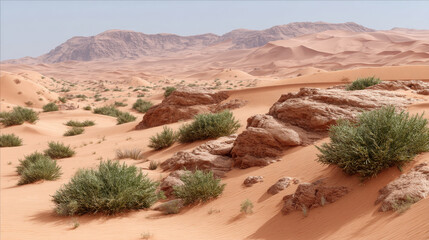 Vast desert landscape featuring rolling sand dunes, rocky formations, and sparse vegetation. warm light highlights textures of sand and rocks, creating serene and tranquil atmosphere