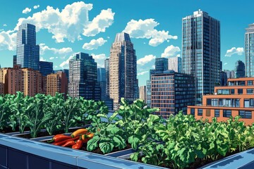 Fototapeta premium Urban rooftop garden view of modern city buildings.
