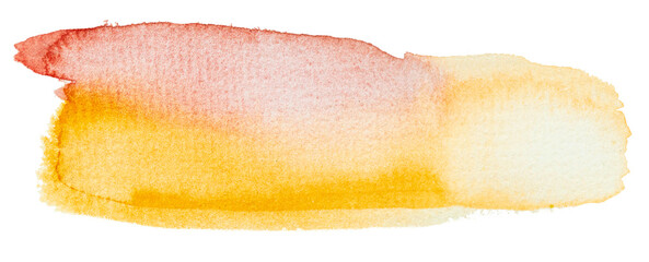 Vibrant watercolor brush stroke with red and yellow gradient on transparent background.