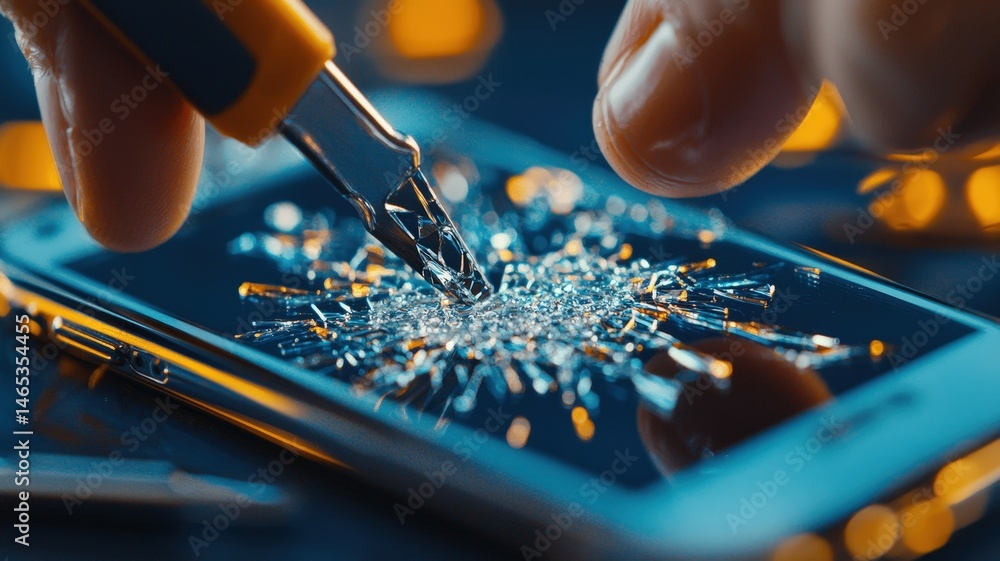 Aufkleber repair and technical improvements. a person repairing a smartphone screen with tools, creating a vis