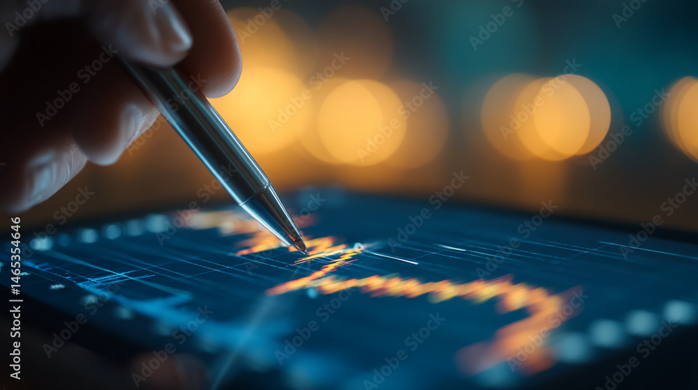 Poster close-up of stylus interacting with tablet displaying data graph, showcasing technological analysis 