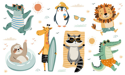 A set of flat vector illustrations in a simple children's style. Cute animals on beach vacation in swimsuits. Crocodile lion penguin sloth raccoon and giraffe. Vector illustration