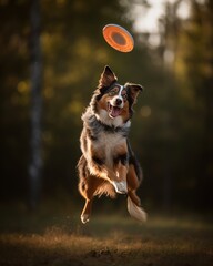 Dog in mid-air catching frisbee