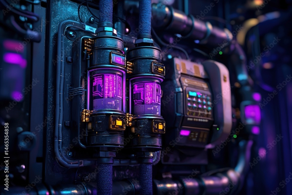 Poster repair and technical improvements. futuristic machinery with glowing components and intricate detail