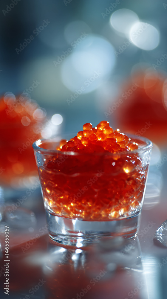 Poster red caviare canapés with vodka centered on white for product display.