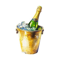 Watercolor Illustration of Champagne Bottle in Gold Ice Bucket Celebration