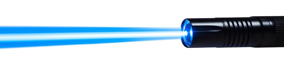 Blue Laser Beam: Powerful blue laser beam emitting from a black laser pointer. The bright blue light creates a dramatic effect.
