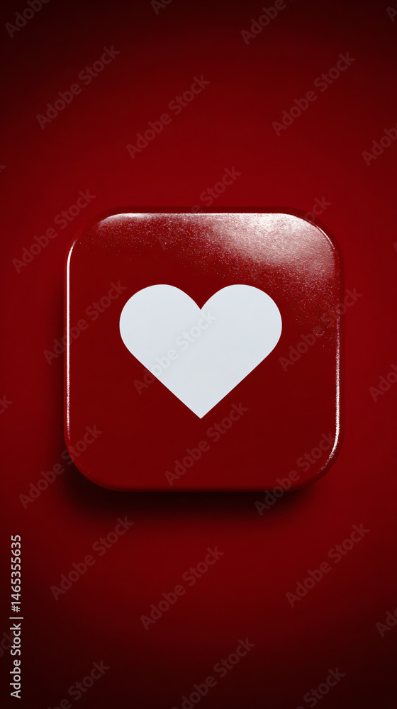 Poster red square button with a white heart image for digital enjoyment
