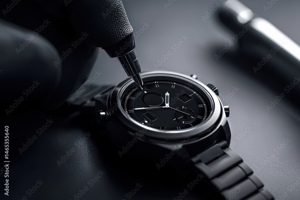 Poster repair and technical improvements. close-up of a hand adjusting a sleek black wristwatch on a dark s
