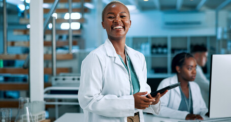 Scientist, confident or happy woman in lab with tablet, portrait or gene editing in medical...