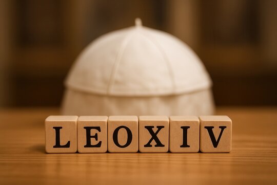 Wooden blocks spelling Leo XIV with white zucchetto in the background