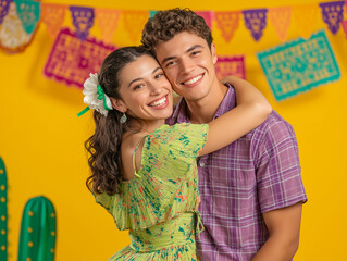 a young couple dressed in typical Festa Junina clothes, colorful clothes, vibrant colors, against a background of São João flags, lights, June celebration	