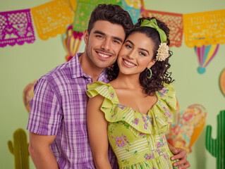 a young couple dressed in typical Festa Junina clothes, colorful clothes, vibrant colors, against a background of São João flags, lights, June celebration	