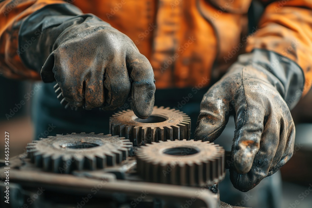 Poster repair and technical improvements. close-up of a worker's hands adjusting gears in an industrial set