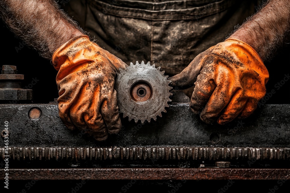 Poster repair and technical improvements. close-up of hands with gloves working on a gear in a workshop set