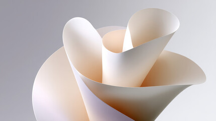 Elegant abstract sculpture made of smooth, curved paper forms in soft pearl tones, set against clean gradient background, creating serene and artistic atmosphere