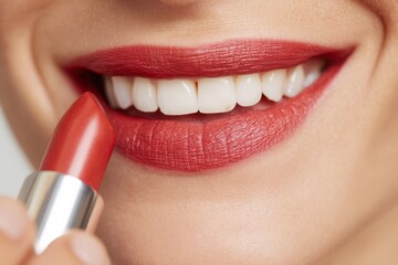 Naklejka premium A woman applying bright red lipstick, enhancing her smile in a glamorous close-up.