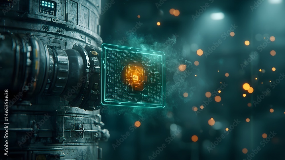 Poster a digital representation of futuristic industrial chemical recycling tanks equipped with dynamic hol