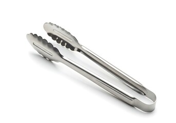 A pair of stainless steel kitchen tongs with scalloped edges isolated on a white background surface