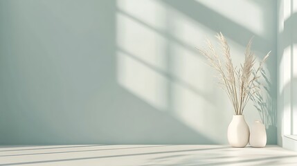 Naklejka premium Minimalist Interior with Sunlight: A serene minimalist interior, featuring a pale blue wall and a white surface, bathed in soft sunlight streaming through a window, casting elongated shadows.