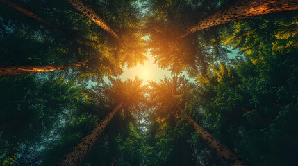 Sunlit Forest Canopy: Vibrant Green Leaves and Golden Rays